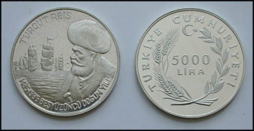1985 yılı Turgut Reis'in 500. Doğum Yılı (Gümüş Hatıra parası) 5000 lira 